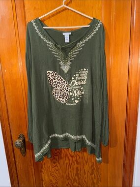 Catherines Olive Green Long-Sleeve Top with Leopard Heart Graphic